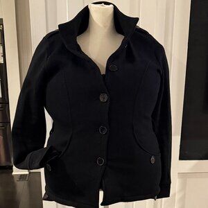 JJ Basics Black Button-Up Fitted Pea Jacket, Size L